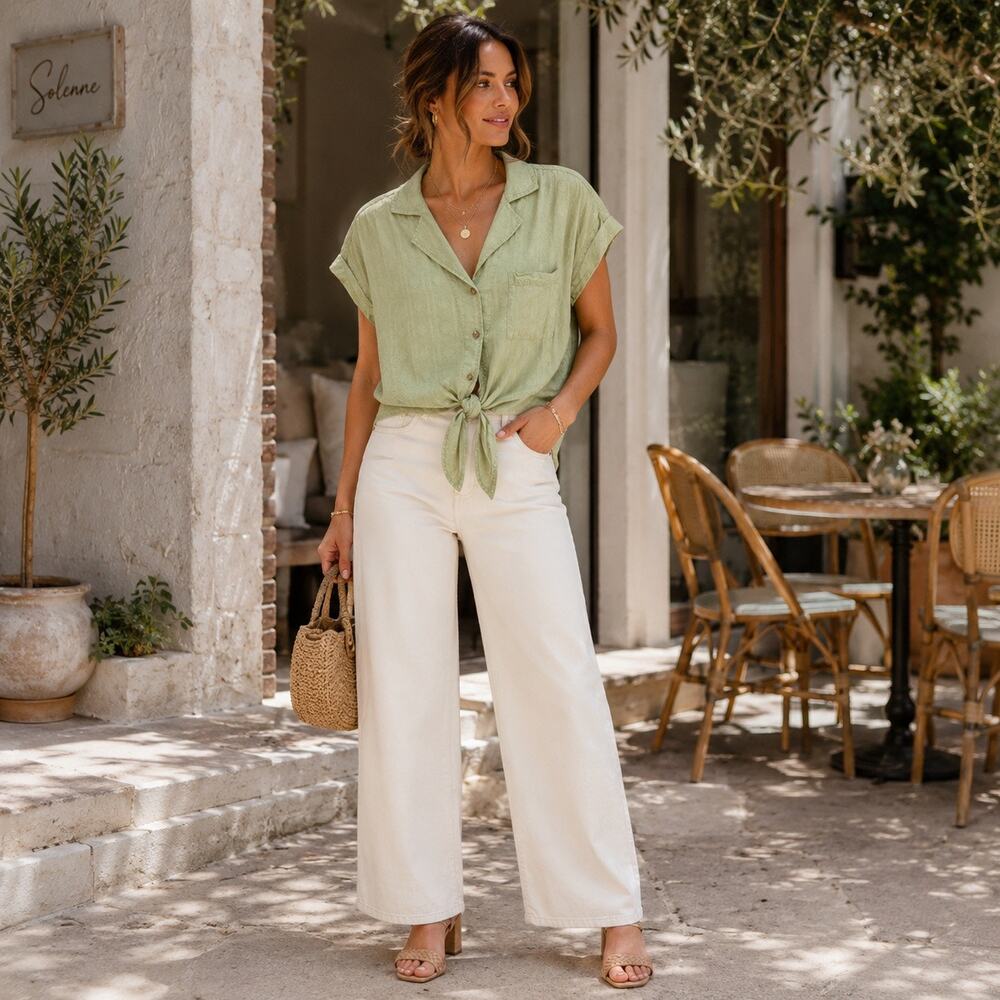 Pilcro Anthropologie Tie Front Top XS Sage Green Cotton Boho Blouse Coastal